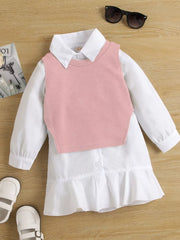 Children's Long Sleeve Shirt Dress And Knit Vest Set in Pink, front view