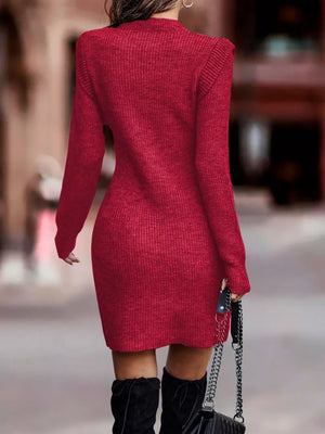 Ribbed bodycon sweater dress in rust with mock neck and long sleeves.
