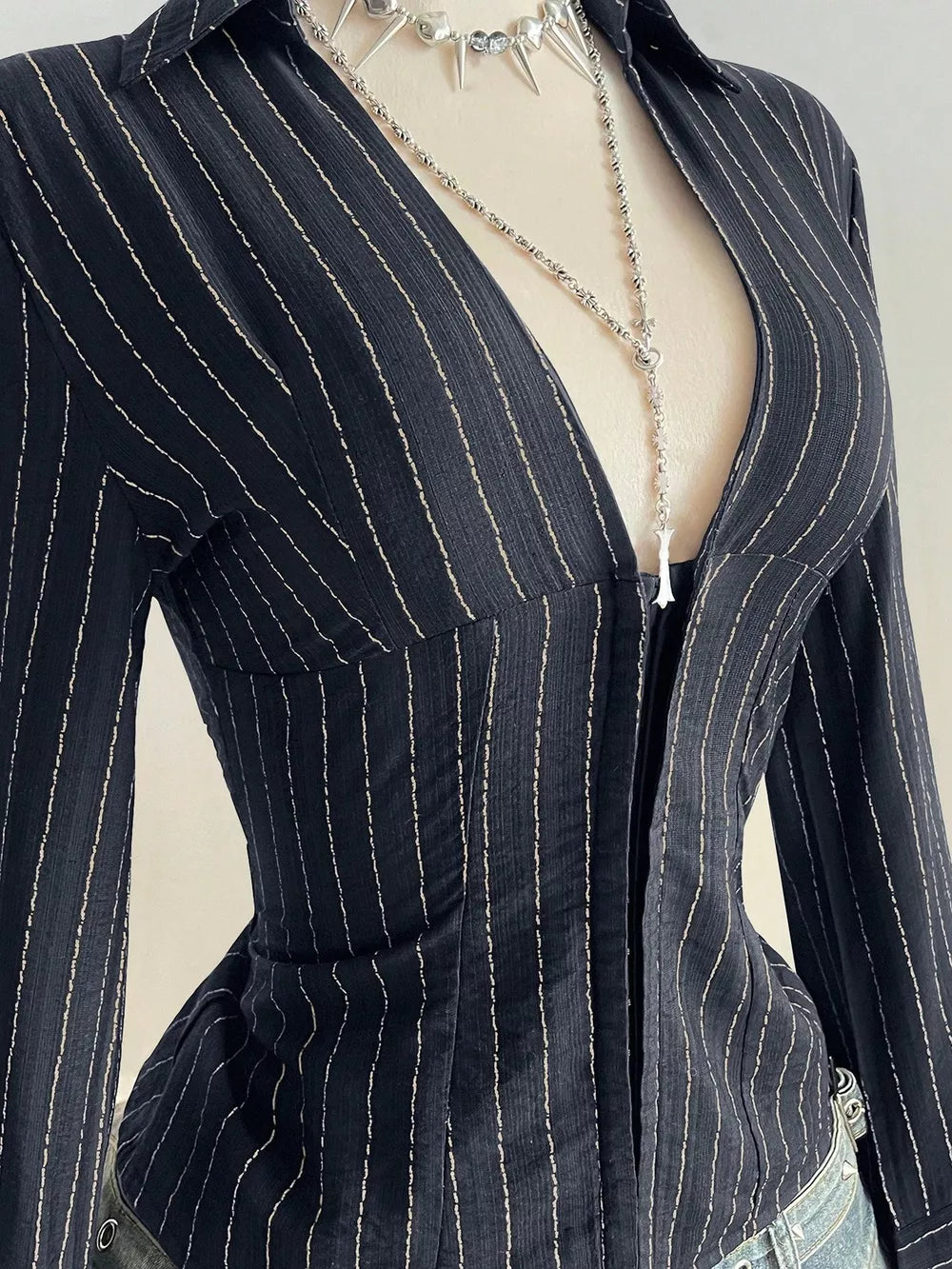 Striped Long Sleeve Fitted Blouse, close-up detail