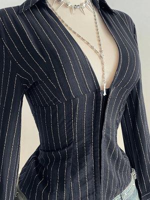 Striped Long Sleeve Fitted Blouse, close-up detail