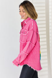Hot pink denim overshirt with patchwork details and frayed hem.