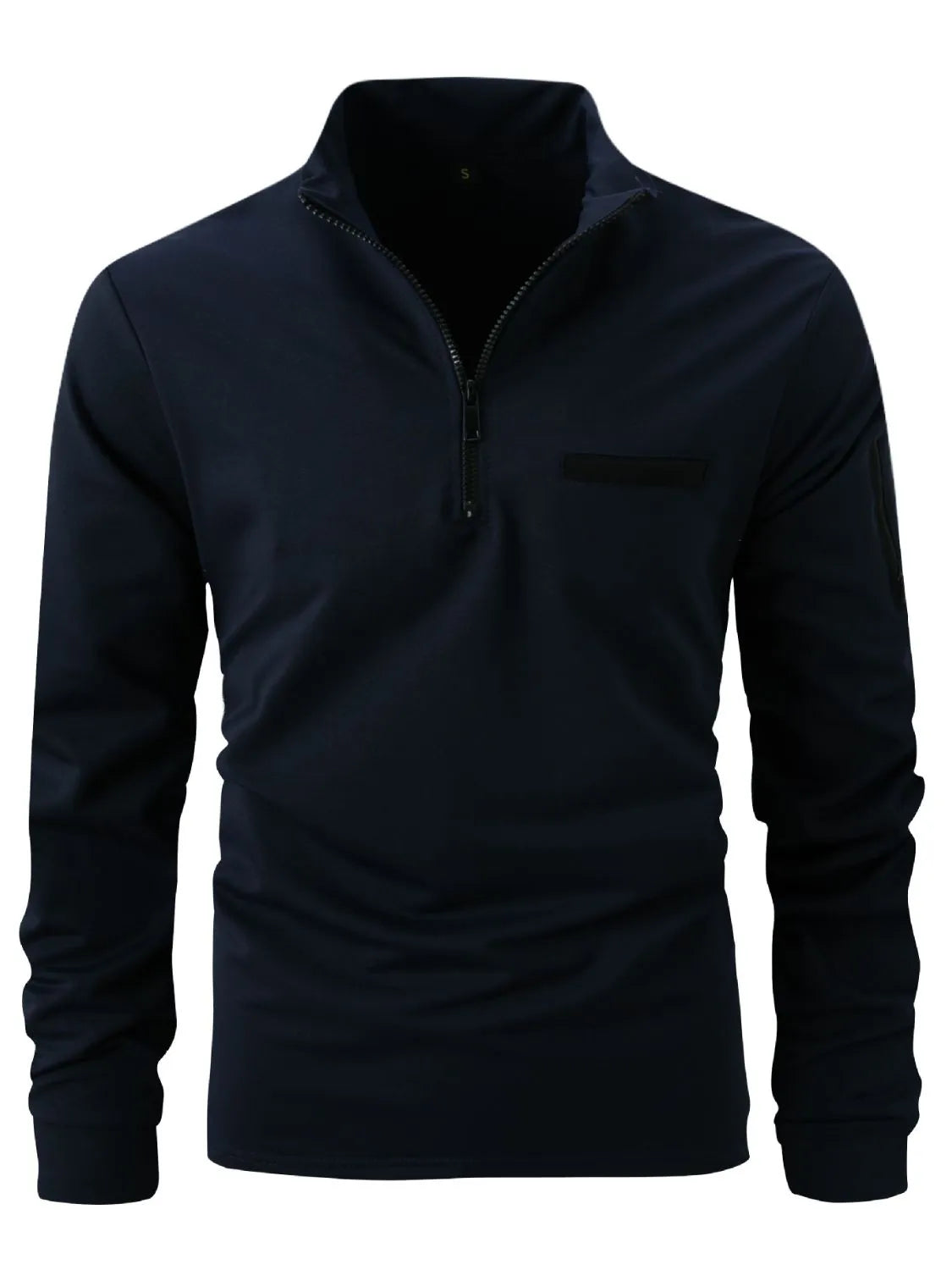 Navy mock neck zip-up sweatshirt with welt pocket detail.