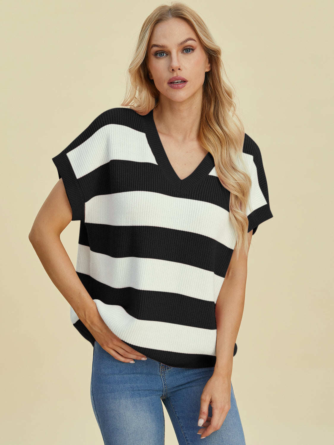 Bold Stripe Cap-Sleeve Knit Top in black and white, V-neck, relaxed fit.