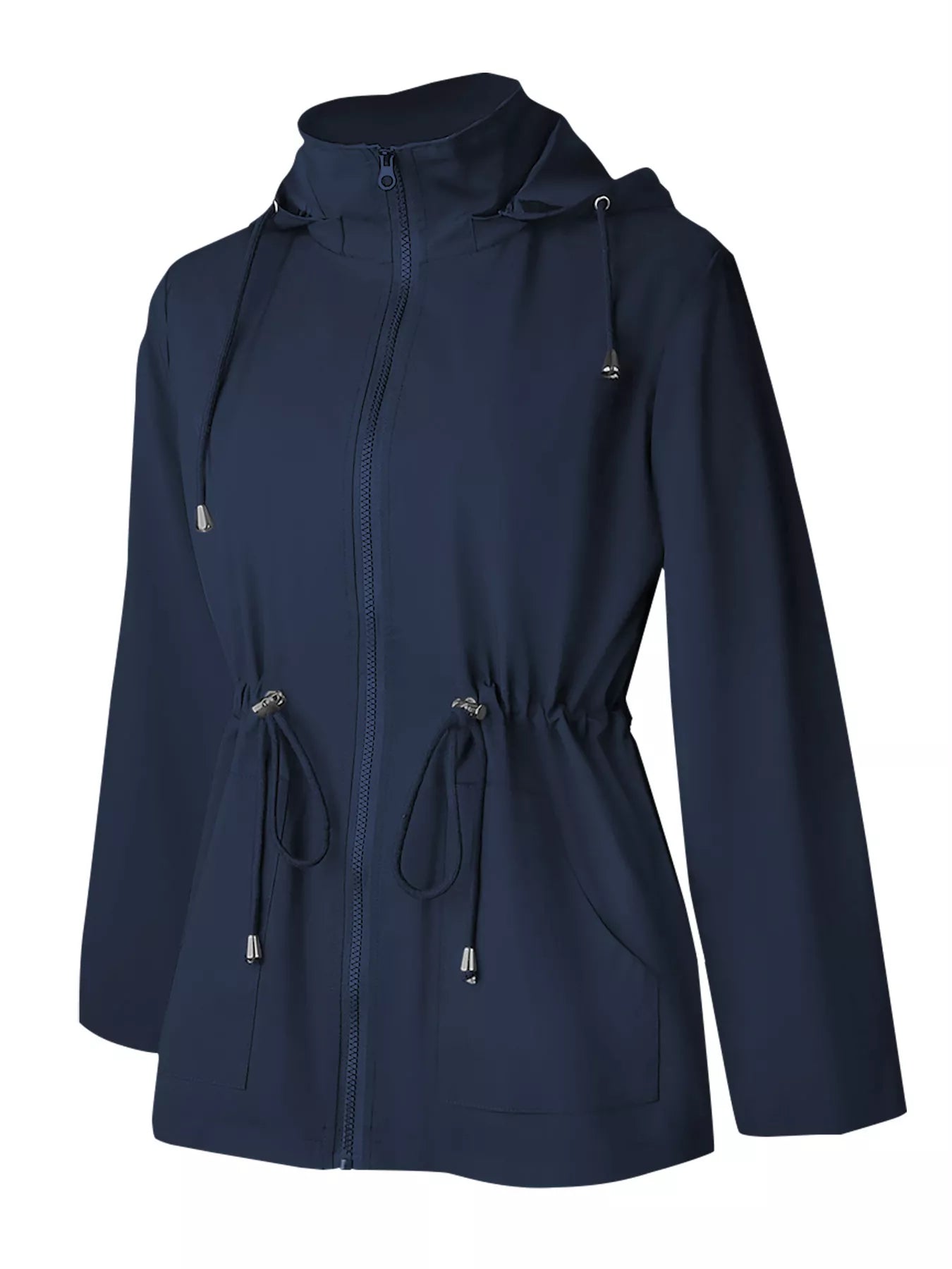 Dark blue waterproof hooded zip-up jacket with drawstring waist and hood
