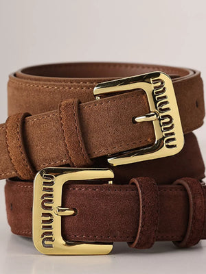 Brown suede leather belt with gold logo buckle
