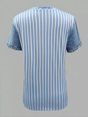 Light blue striped shirt with denim patchwork short sleeves and collar.