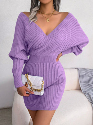Heliotrope purple acrylic wrap knit bodycon mini dress with long sleeves and a deep V-neck.
