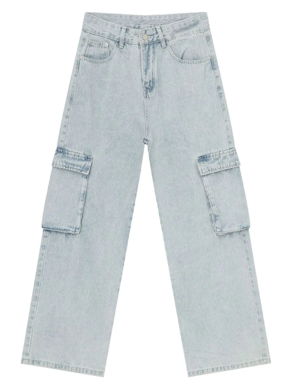 Oversized light wash denim cargo pants with large side pockets.