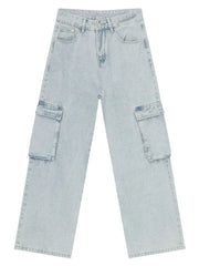 Oversized light wash denim cargo pants with large side pockets.