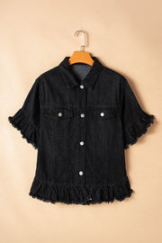 Black denim jacket with short ruffled sleeves and hem