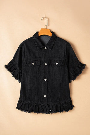 Black denim jacket with short ruffled sleeves and hem