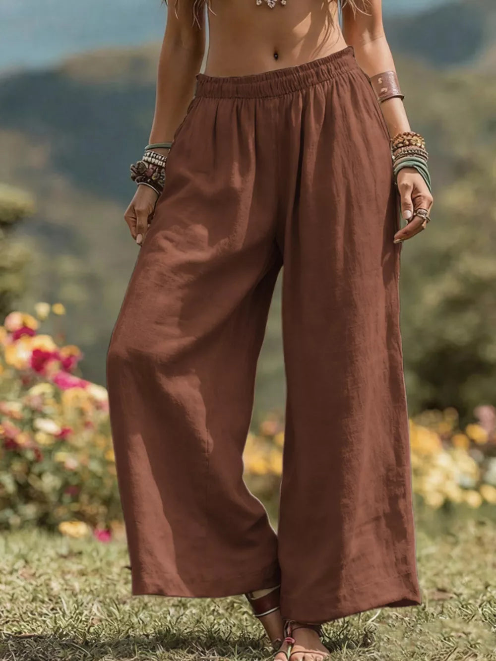 Full Size Bohemian Wide-leg Pants Plus Size in Light Brown, back view