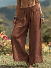 Full Size Bohemian Wide-leg Pants Plus Size in Light Brown, back view