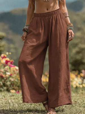 Full Size Bohemian Wide-leg Pants Plus Size in Light Brown, back view