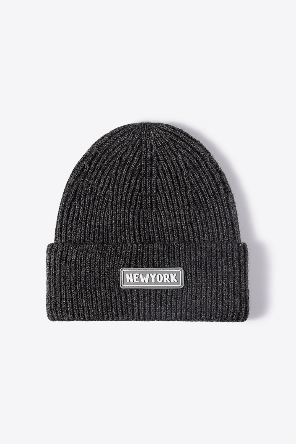 Dark Gray ribbed acrylic beanie with New York patch detail.