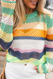 Crochet knit sweater with rainbow stripes, openwork detail, and crew neck.