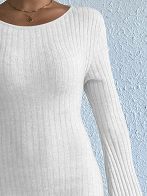 White ribbed knit long sleeve dress with bell sleeves and a scoop neckline.