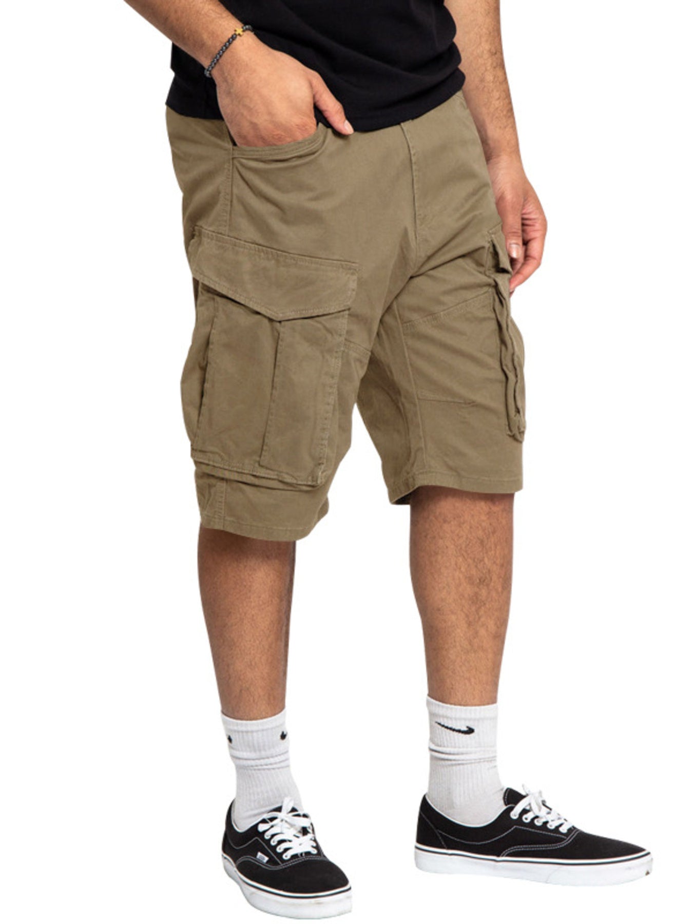 Khakis cargo shorts with multiple pockets and a relaxed fit.