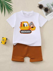 White t-shirt with embroidered excavator graphic and brown shorts baby outfit