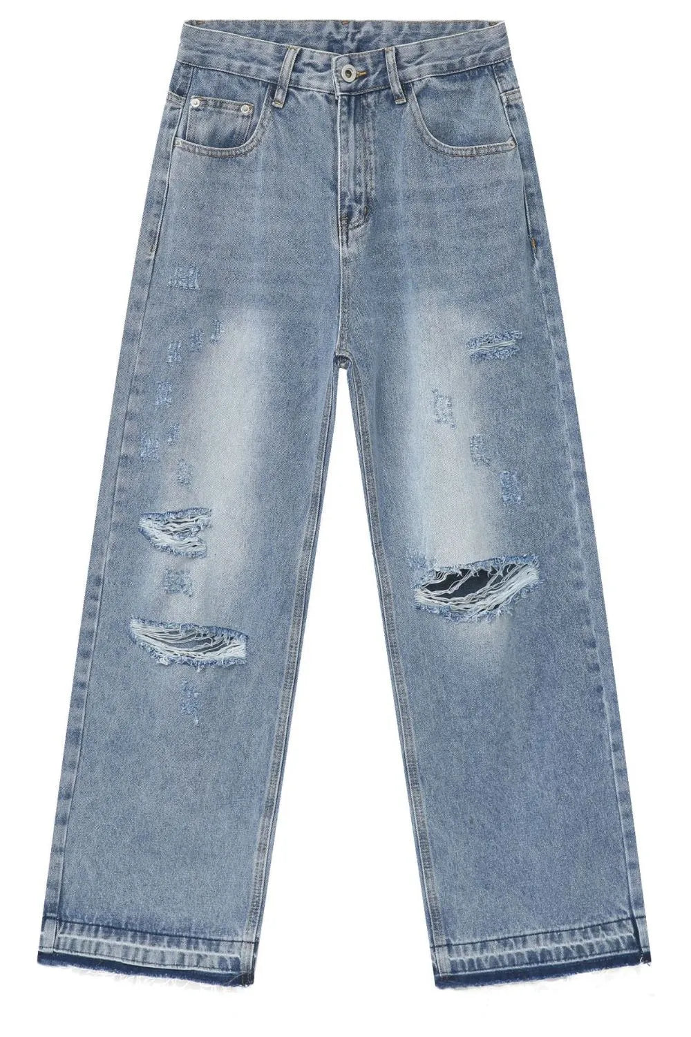 Light blue distressed wide-leg denim jeans with raw hem detail and ripped accents.