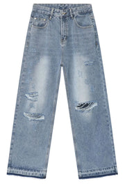 Light blue distressed wide-leg denim jeans with raw hem detail and ripped accents.