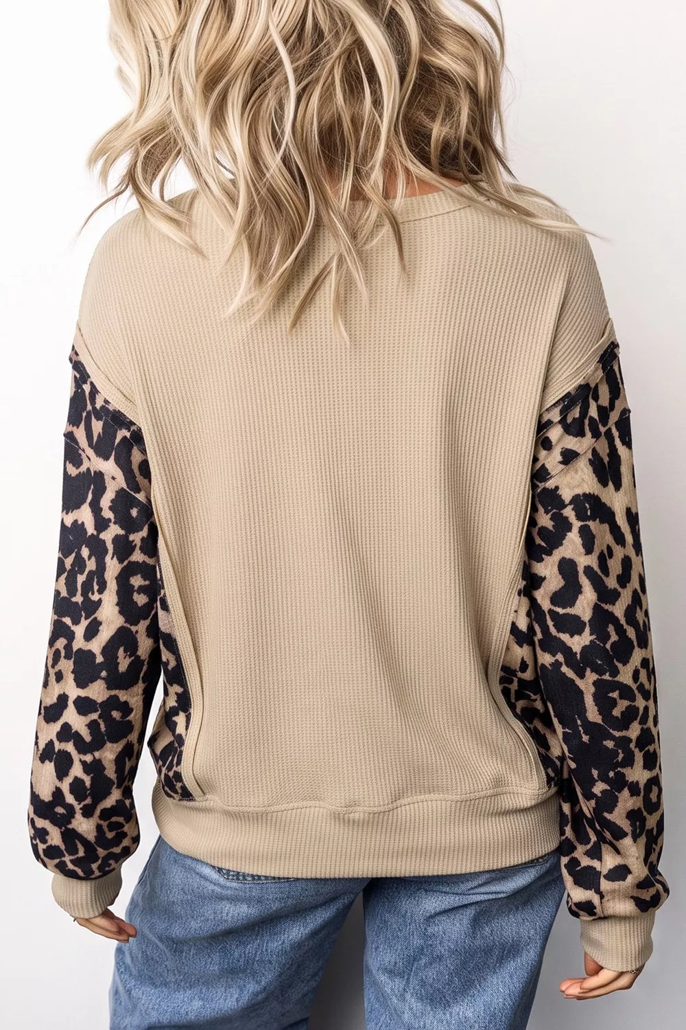 Leopard Sleeve Waffle Knit Top in Mocha, side view