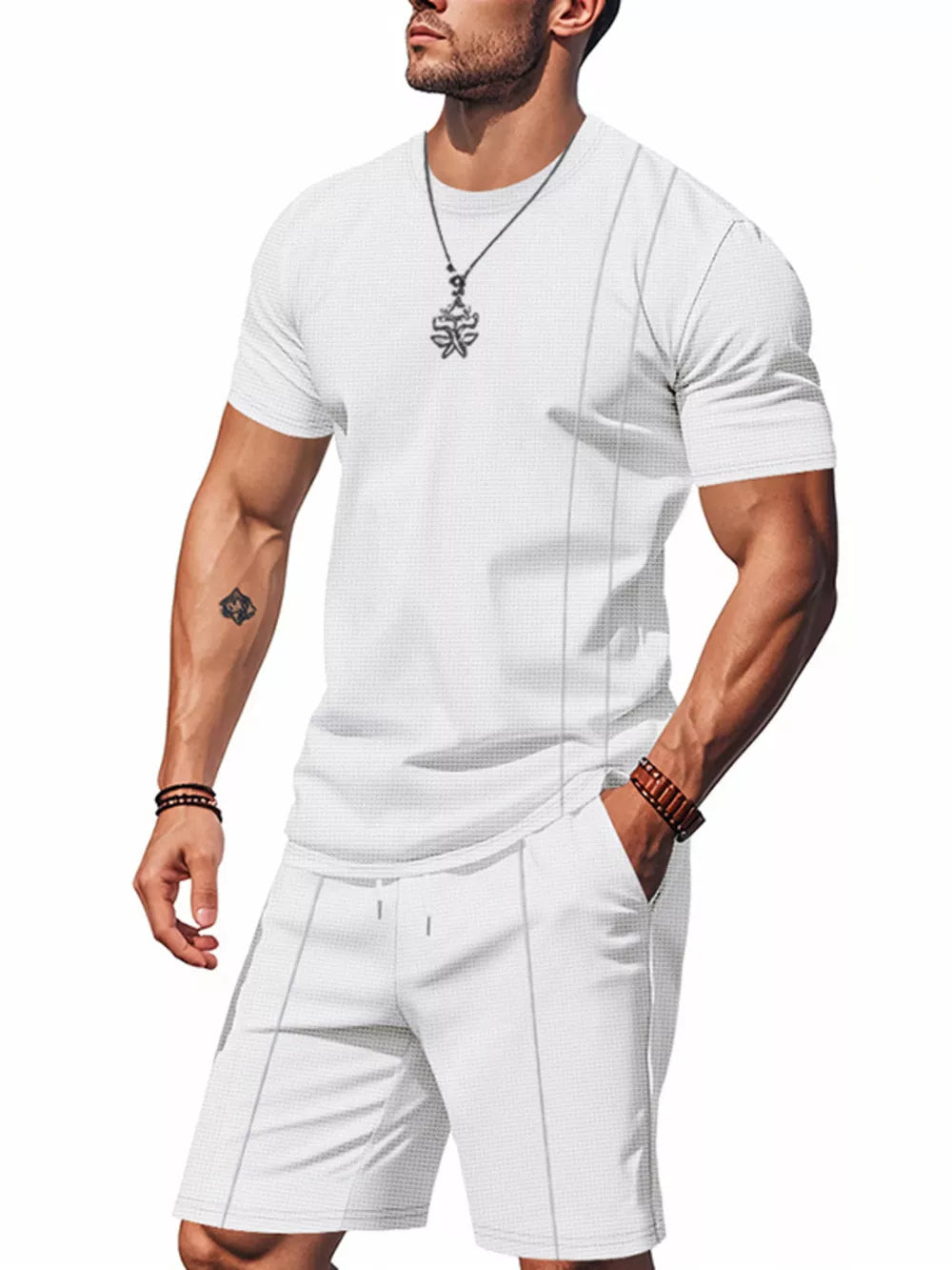 White waffle-knit two-piece set with crew neck t-shirt and shorts, featuring contrast piping.