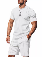 White waffle-knit two-piece set with crew neck t-shirt and shorts, featuring contrast piping.