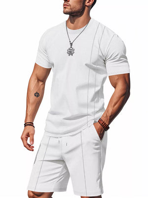 White waffle-knit two-piece set with crew neck t-shirt and shorts, featuring contrast piping.