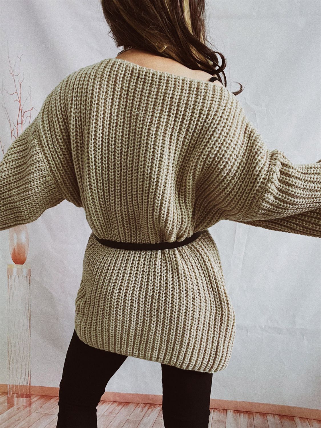 Oversized khaki ribbed knit sweater with belted waist and boat neck.