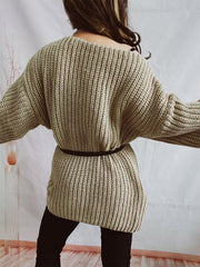 Oversized khaki ribbed knit sweater with belted waist and boat neck.