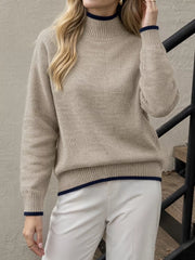Cozy Mock Neck Sweater With Contrast Trim in Khaki, front view