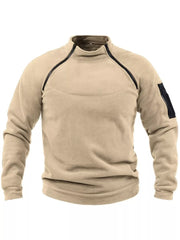 Men's tan fleece sweatshirt with quarter zip and zippered arm pocket.