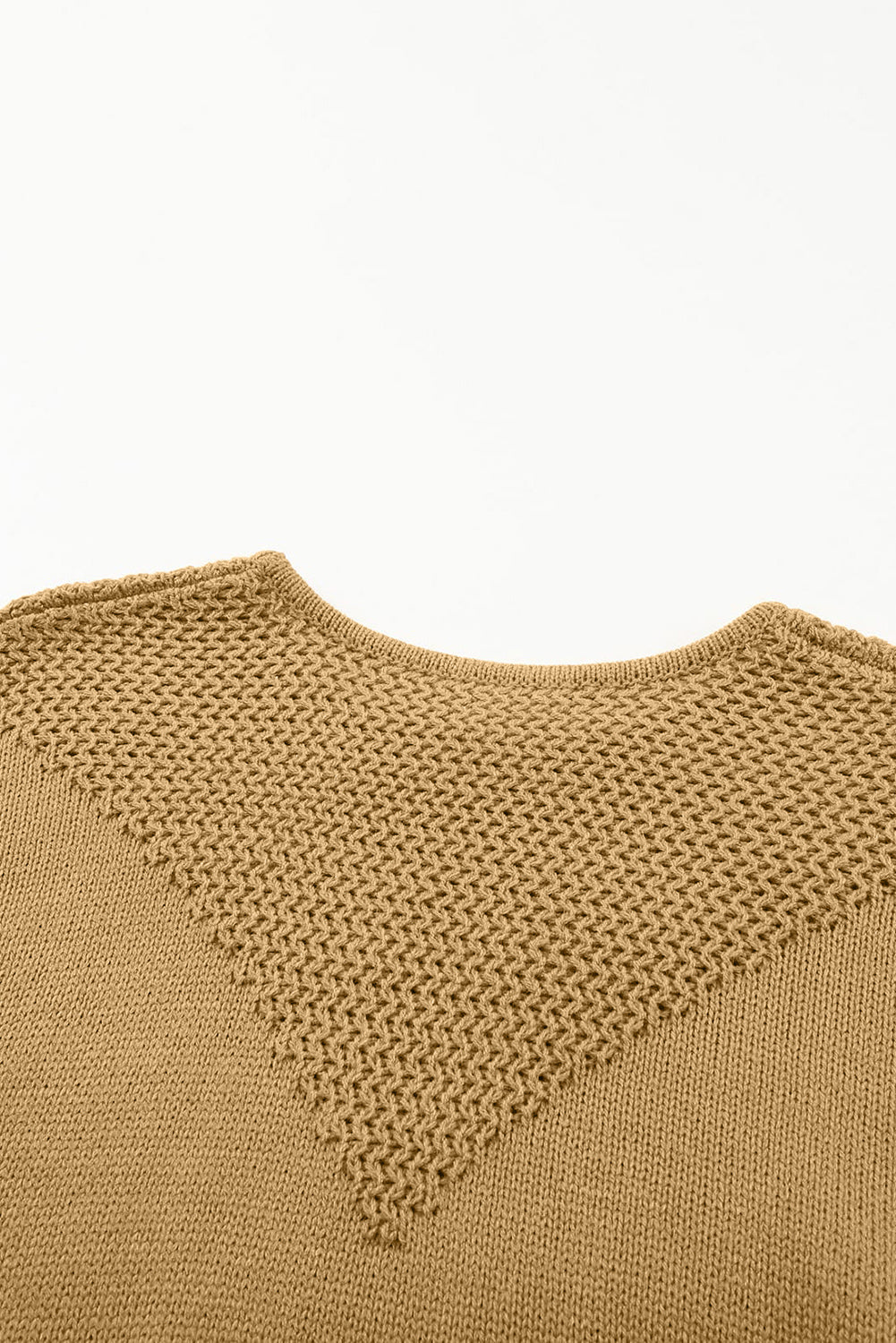 Tan knit sweater with roundneck and textured yoke detail