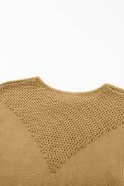 Tan knit sweater with roundneck and textured yoke detail