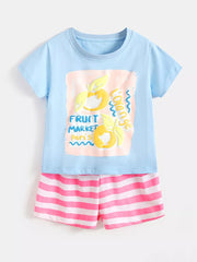 Baby girls' light blue cotton tee with fruit market graphic and pink striped shorts.