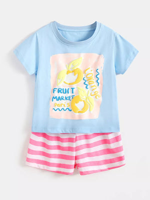 Baby girls' light blue cotton tee with fruit market graphic and pink striped shorts.