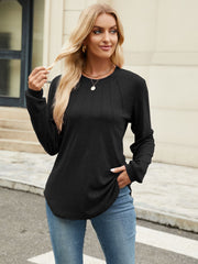 Black crew neck t-shirt with vertical seam detail and long sleeves.