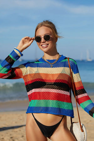 Striped crochet beach cover-up sweater with a crew neck and long sleeves.