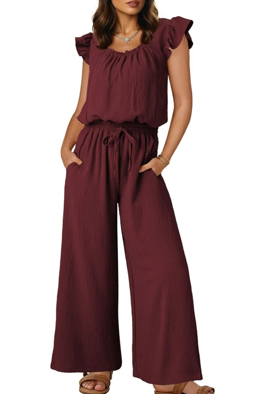 Burgundy textured ruffle-sleeve drawstring palazzo jumpsuit with pockets