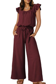 Burgundy textured ruffle-sleeve drawstring palazzo jumpsuit with pockets