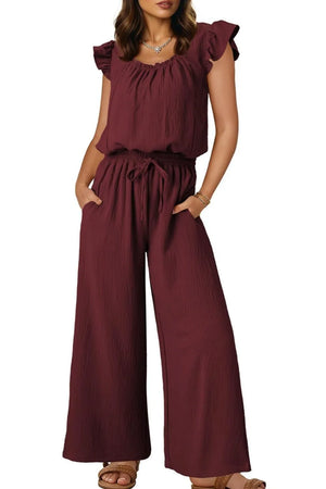 Burgundy textured ruffle-sleeve drawstring palazzo jumpsuit with pockets