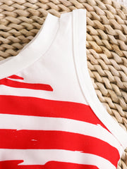 Baby tank top with red and white stripes, white trim, cotton.
