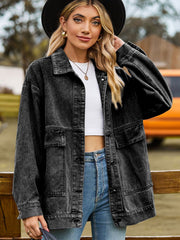 Oversized dark gray denim trucker jacket with collared neck and chest pockets.