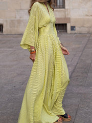 Elegant V-neck Maxi Dress With Flowy Sleeves in Black, back view