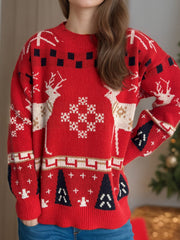 Red acrylic knit sweater with reindeer and snowflake motif, crew neck, long sleeves.