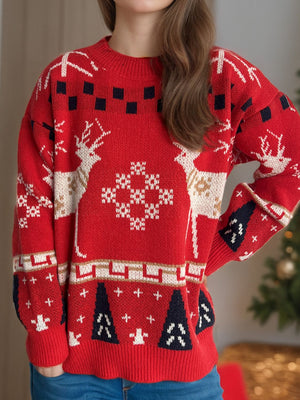 Red acrylic knit sweater with reindeer and snowflake motif, crew neck, long sleeves.