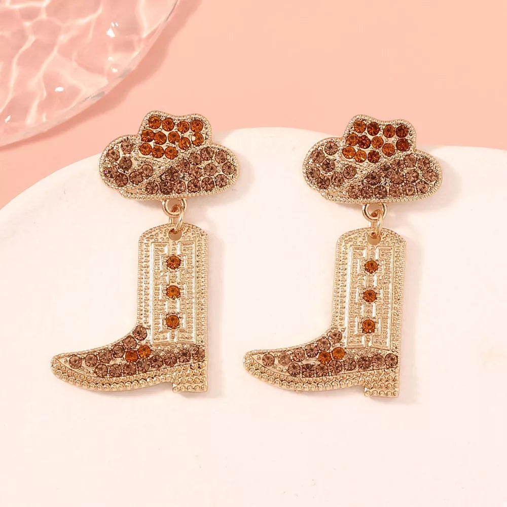 Brown rhinestone cowboy boot dangle earrings with matching hats.