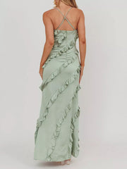 Sage spaghetti strap maxi dress with diagonal ruffles and criss-cross back.