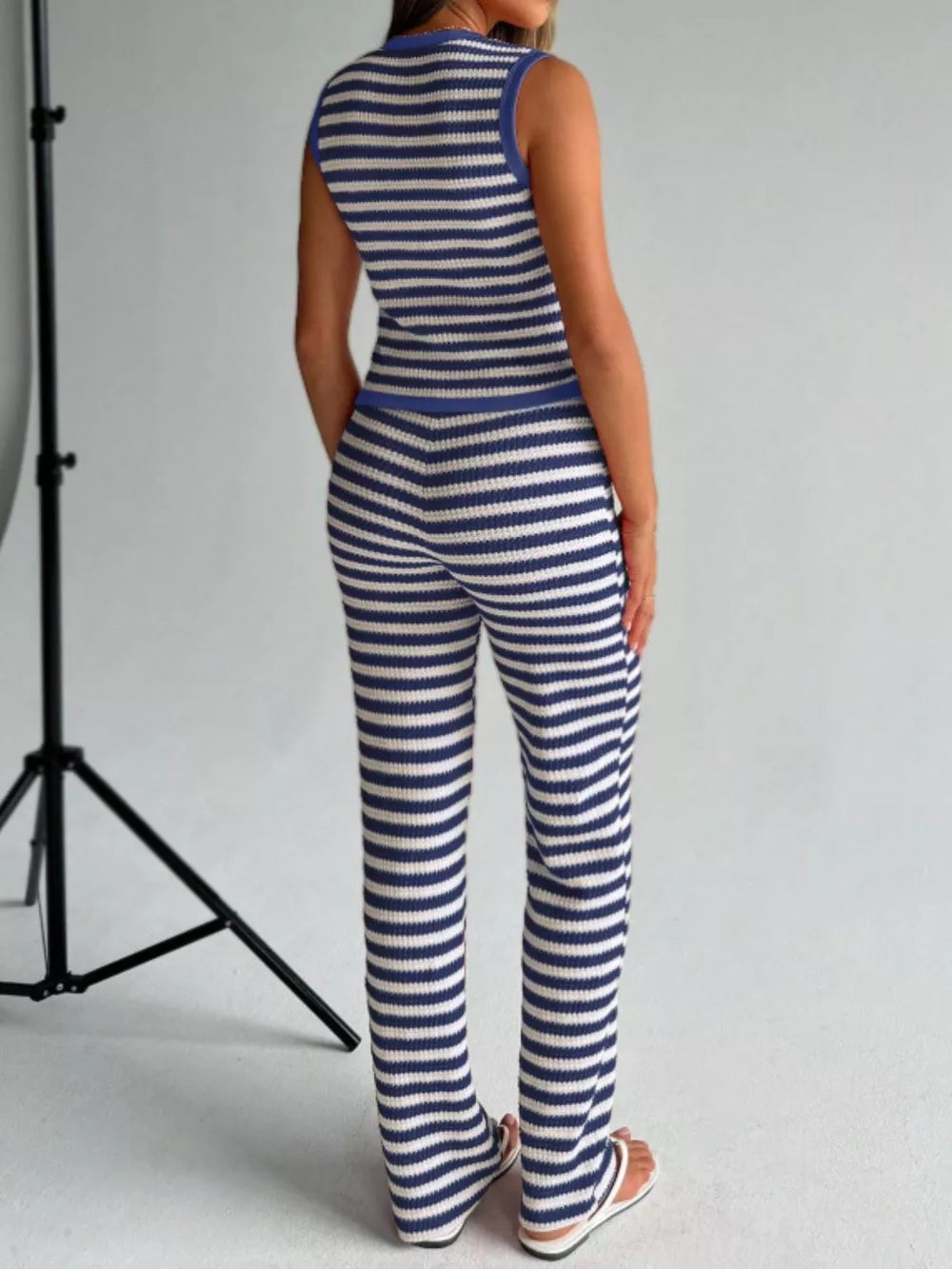 V-neck striped knit two-piece set in Royal Blue with sleeveless top and wide-leg pants.